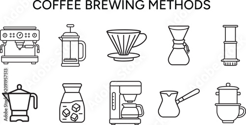 Coffee Brewing Methods Icons Set Vector Illustration