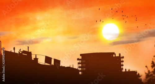 sun in scorching summer day in heat wave, hot weather in city