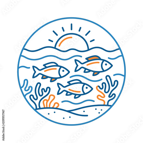 Photography Oceanic Life Illustration: Three Fish Swim in Blue Water Under a Sunny Sky