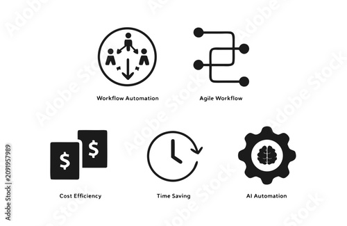 Workflow optimization and efficiency solid icon set. Featuring workflow automation, agile workflow, cost efficiency, time saving, and ai automation. Editable vector glyphs for work and productivity.