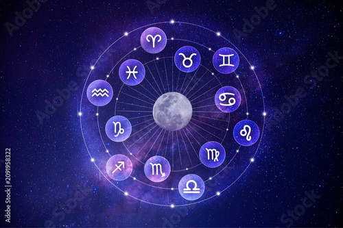A Western astrological circle containing the 12 zodiac symbols against a beautiful, colorful star-filled space background. Vector illustration.