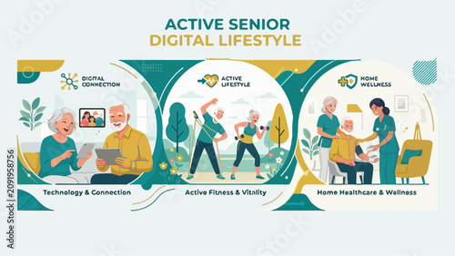 Active Senior Digital Lifestyle Banner — 
Vibrant Elder Technology Fitness 
Retirement Modern Healthcare Vector Design