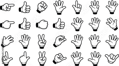 Cartoon White Gloved Hands Poses Black and White Illustration Collection