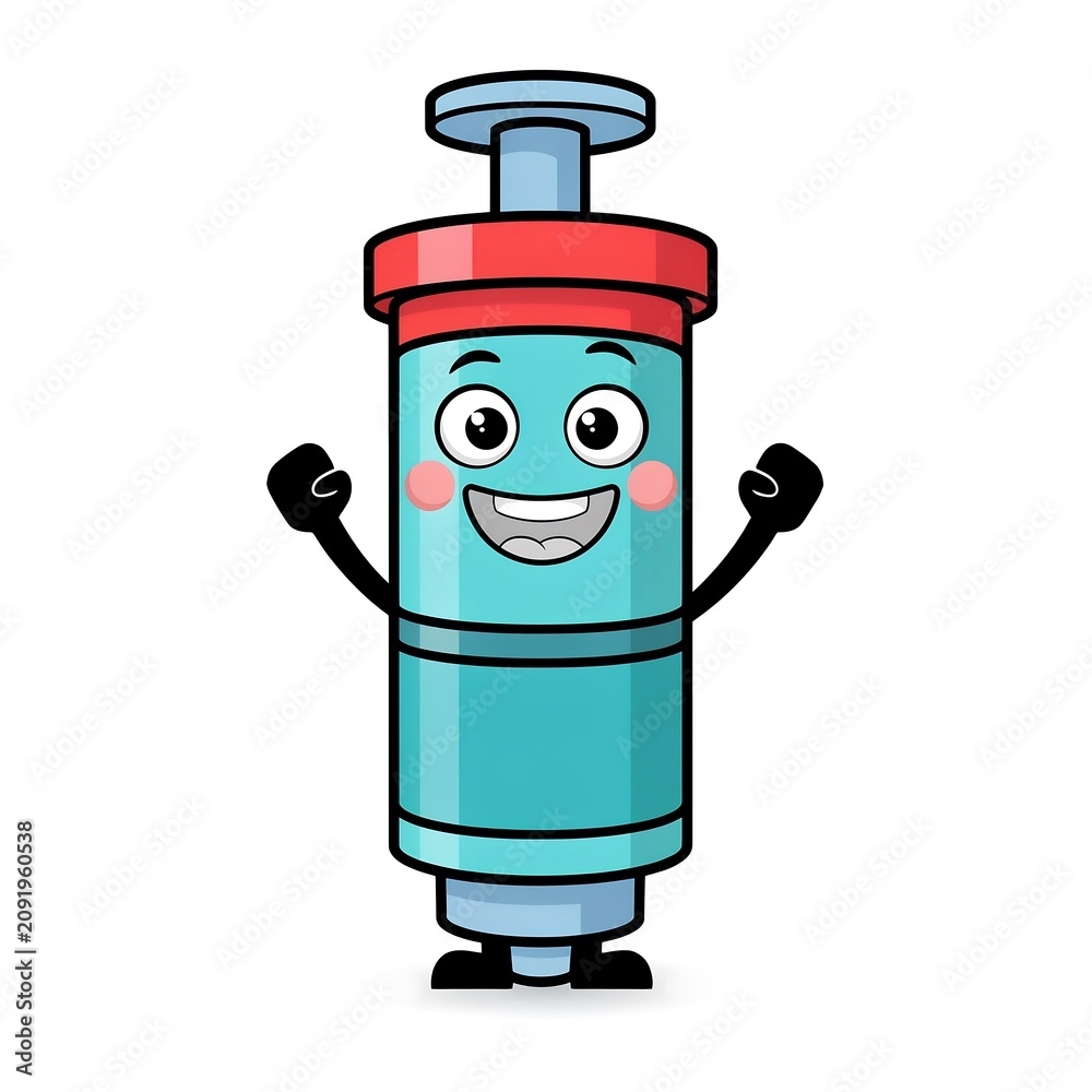 Obraz premium Isolated cartoon character of a smiling teal syringe on a white background