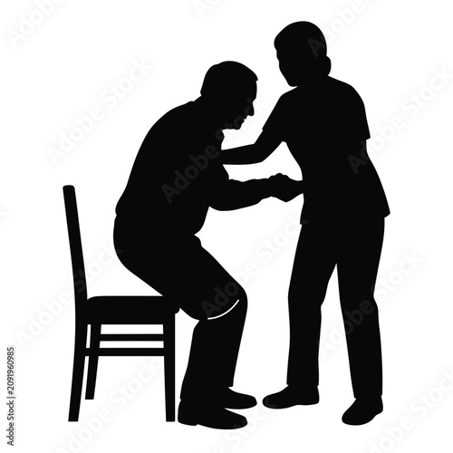 Silhouette of a caregiver helping an elderly man stand up from a chair
