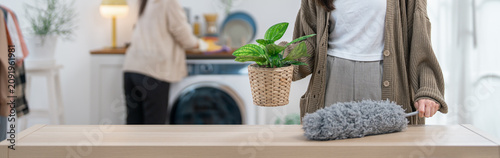Woman plant basket duster cleaning laundry home interior table woman holding potted plant near duster on table, calm home cleaning scene with laundry room background