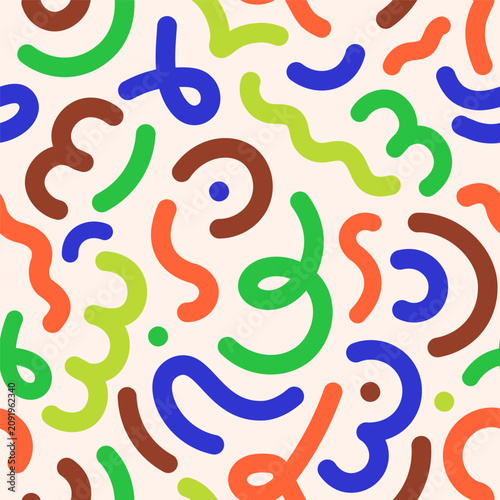 Colorful abstract doodle pattern. Seamless festive curves, birthday confetti,...