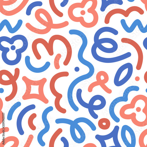 Abstract seamless pattern. Creative playful curvy shapes, line scribbles, cur...