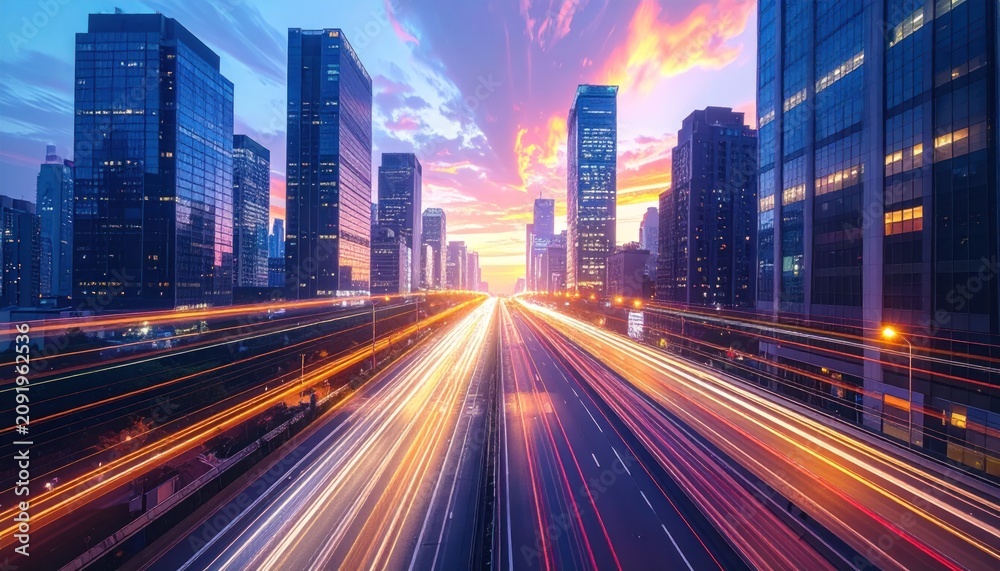 Fototapeta premium Cityscape Highway Lights Motion Blur at Sunset