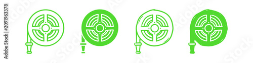 Tablou pe pânză Set of four green fire hose reel icons in various styles, including clean lines and hand-drawn designs, isolated on a white background for fire safety and emergency concept