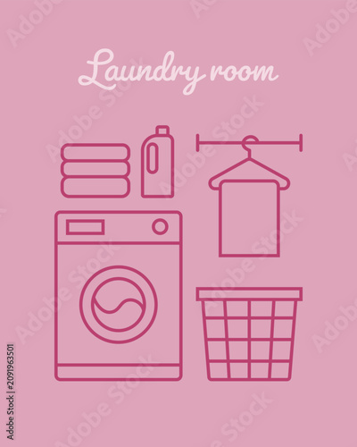 Laundry room vector illustration – washing machine, laundry basket, hanger, towels and detergent icons.