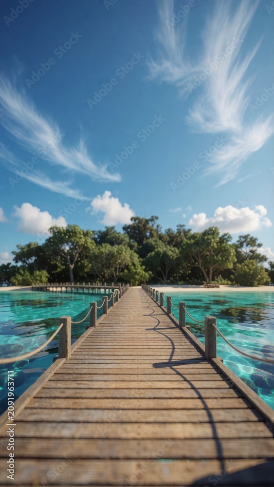 Fototapeta premium Wooden pier extending over turquoise tropical ocean water towards a lush green island under blue sky