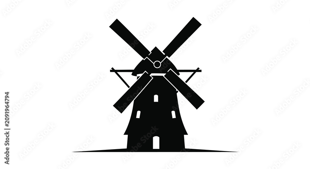 Obraz premium Traditional windmill shape in black silhouette against a white background silhouette