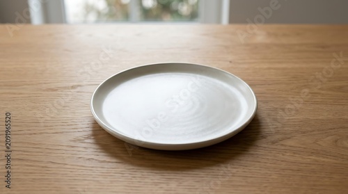 Minimalist empty white ceramic plate on wooden dining table