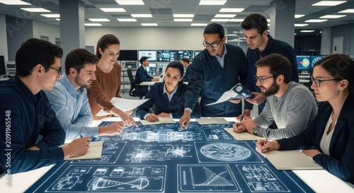 Aerospace Engineers Collaborating on Futuristic Engine Design in Modern Meeting Room