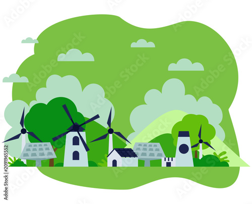 green city concept with wind turbines and solar panel and renewable energy