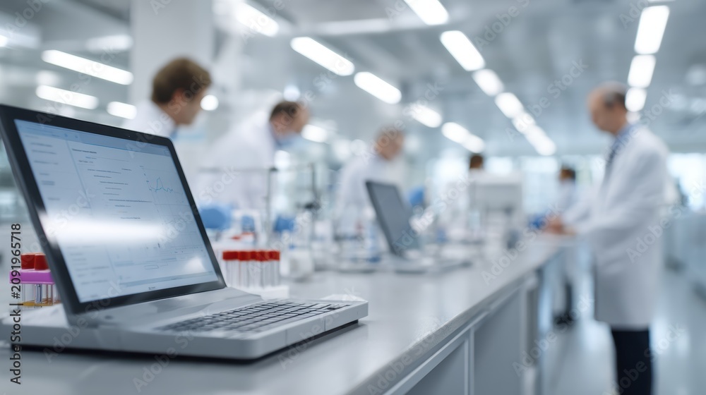 Fototapeta premium Modern laboratory with scientists analyzing data on laptop for research and development