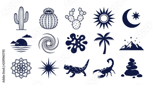 Foto Desert nature icon set, a collection of 15 dark blue vector symbols for arid landscapes