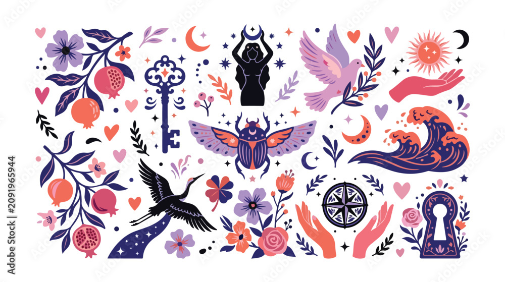 Obraz premium Mystical vector icon set, celestial and nature-inspired spiritual symbols, magic and witchcraft design elements, esoteric illustrations for branding and digital projects