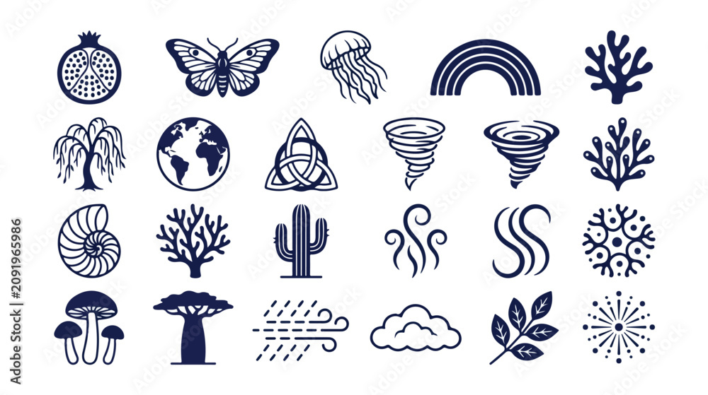 Obraz premium Nature and Environment Vector Icon Set, 25 Minimalist Blue Icons, Earth Elements, Weather, Plants, Animals, and Organic Shapes, for Eco-Friendly Design and Digital Projects