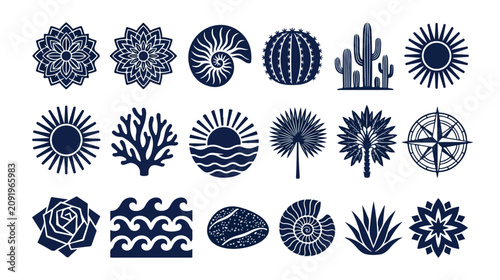 Photography Coastal nature vector icon set, 20 dark blue flat graphic elements, ocean themed