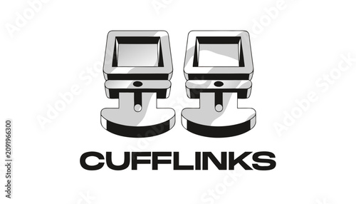Tableau sur toile Very beautiful black and white realistic vector illustration of luxury cufflinks featuring engraved metallic details, bold label reading CUFFLINKS, elegant linework, isolated on white background
