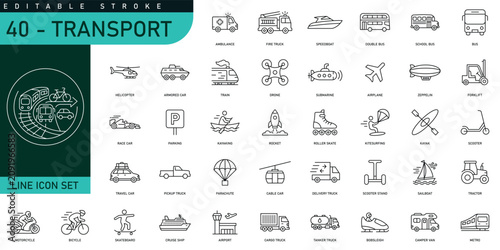 Transport Line Icons Set, Editable Stroke Transportation Outline Vector Collection with Car, Bus, Train, Airplane, Helicopter, Truck, Bicycle, Ship, Metro and Travel Icons