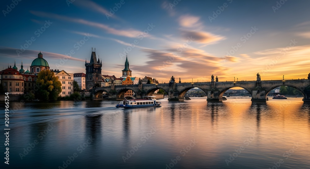 Fototapeta premium Stone bridge over river during sunset with boat