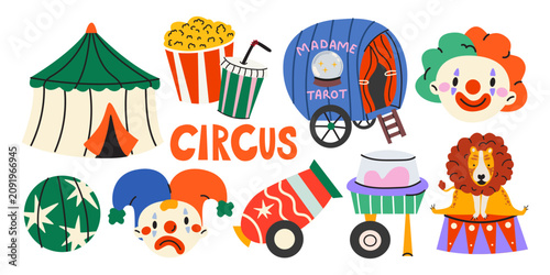 Bild auf Leinwand Colorful collection of circus themed objects and characters in trendy cartoon style