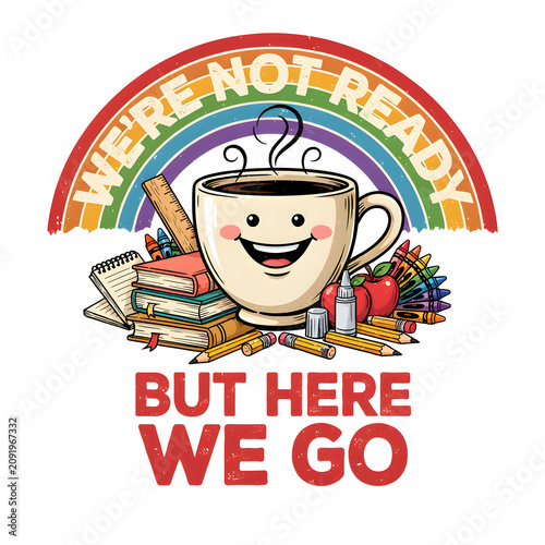 Coffee cup character surrounded by school supplies sits under a rainbow with text indicating the start of a new academic term.