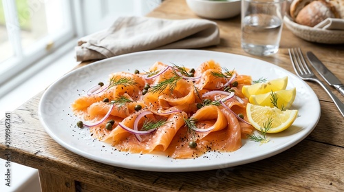 Smoked salmon with lemon and red onion on plate