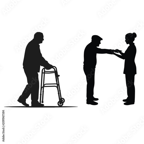 Vector silhouette set of an elderly man using a walker and a caregiver comforting a senior