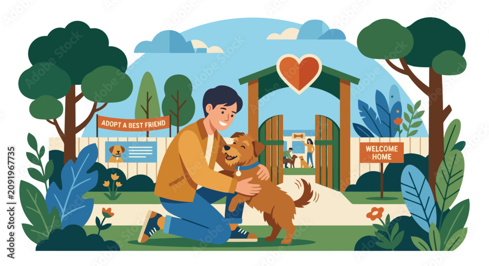 Fototapeta premium Man adopting a dog at a pet rescue center outdoor park illustration