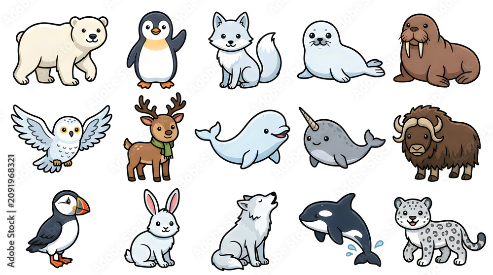 Fototapeta premium Cute cartoon arctic animals set including polar bear penguin fox seal walrus owl reindeer whale narwhal muskox puffin rabbit wolf orca and snow leopard isolated on a white background