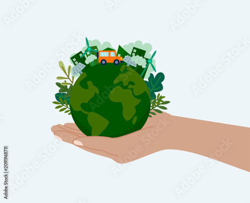 illustration of hands holding the earth with the concept of an eco friendly city