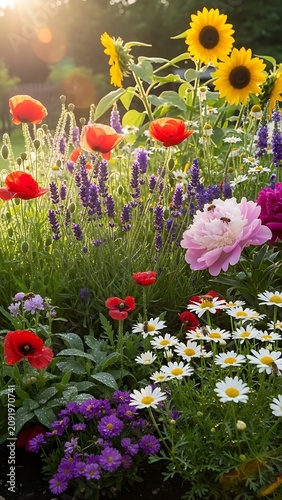Vibrant Garden Bursting with Colorful Flowers in Full Bloom.