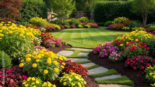 Vibrant Garden Landscape with Colorful Flowers and Lush Greenery.