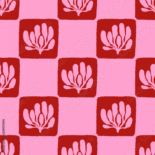Checkered seamless pattern with abstract plant shapes. Square tiles, botanica...