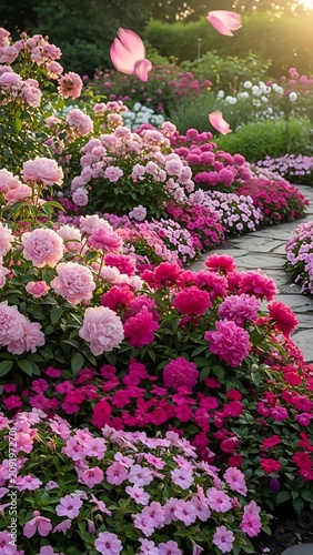 Vibrant Garden Pathway Lined with Blooming Pink and Red Flowers in Soft Sunlight.
