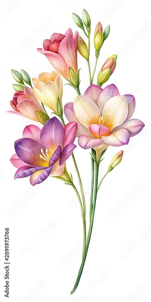 Fototapeta premium Watercolor flowers bouquet illustration - Soft watercolor flowers bouquet with delicate pink and purple blooms in a natural art style.