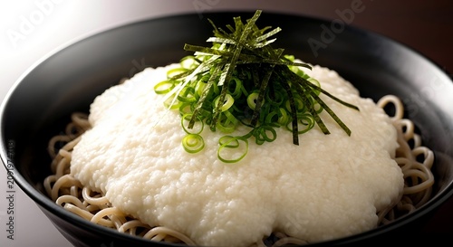 soba with tororo (grated yam), cold buckwheat noodles topped with silky grated Japanese yam, nori and green onions 