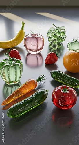 Vibrant Glass Fruit and Vegetable Collection Displayed Artfully.