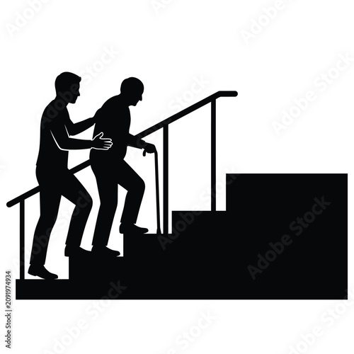 Silhouette of a young man helping an elderly man with a walking cane climb stairs