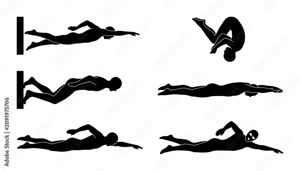 Obraz premium Swimming Strokes Vector Icons, Water Sports Silhouettes, Athletic Poses, Diving and Freestyle Actions, Pool Activities Collection