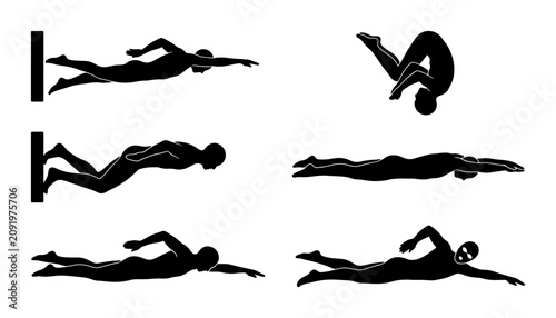 Tableau sur toile Swimming Strokes Vector Icons, Water Sports Silhouettes, Athletic Poses, Diving
