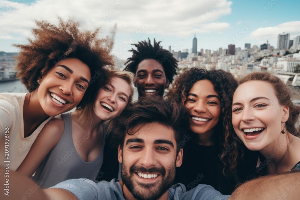 Fototapeta premium Group of diversity friends taking selfie photo laughing adult smile.