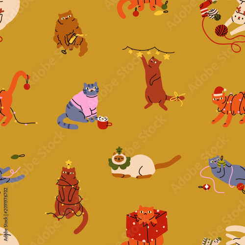 Cute funny Christmas cats playing, celebrating, seamless pattern. Endless bac...