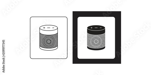 Minimalist of portable wireless bluetooth speaker in outline and solid black style set audio sound