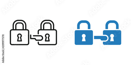 Two connected padlocks representing data security and encryption concepts in a minimalist flat and linear style