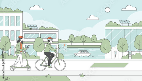 Eco friendly city transportation with citizens riding electric scooter and bicycle past solar powered buildings.